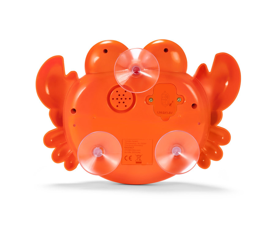 Vantuzlu, turuncu Sabun Köpüğü Yengeç Banyo Oyuncağı'nın yakın çekimi.