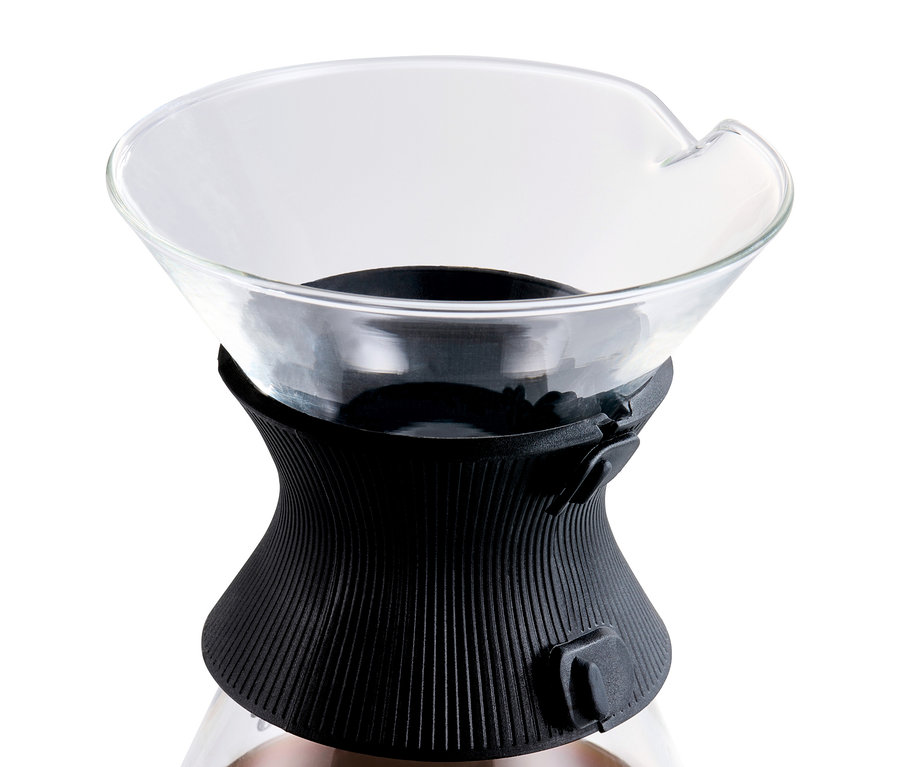 Siyah plastik tutuculu BEEM Pour Over, 0,75 l cam sürahi detayı.