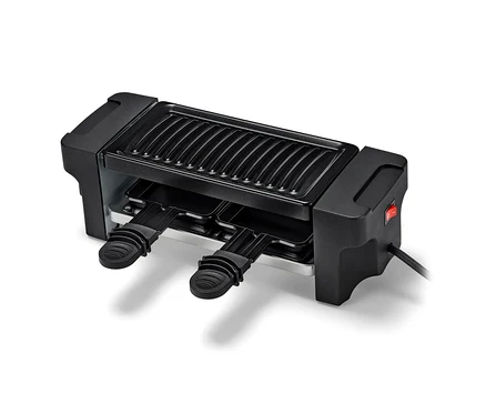Yapışmaz yüzeyli ve iki tavalı 2 kişilik siyah raclette ızgara.
