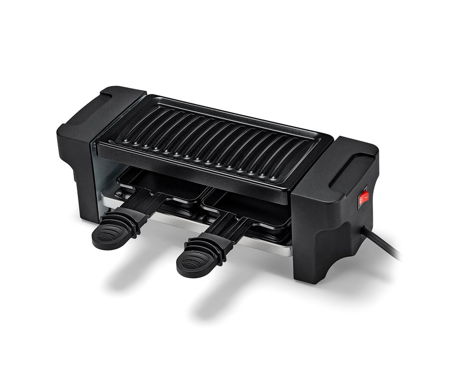 Yapışmaz yüzeyli ve iki tavalı 2 kişilik siyah raclette ızgara.