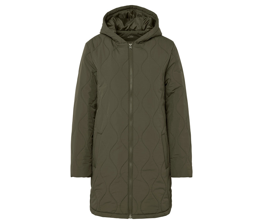 Ortasında kapüşon ve fermuar bulunan zeytin yeşili kapitone manto.