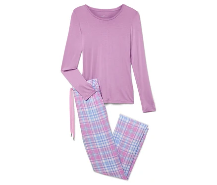 Lila uzun kollu pijama üstü ve ekose pantolon.