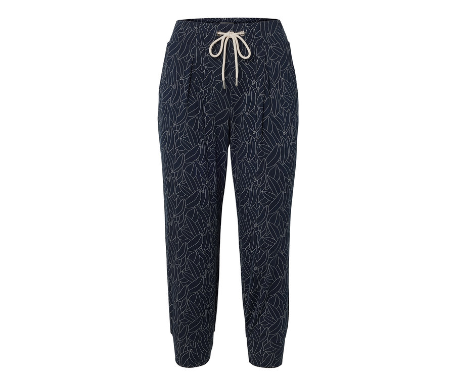 Yaprak desenli ve büzgülü, mavi-krem beyaz renkli, 3/4 jarse pantolon.