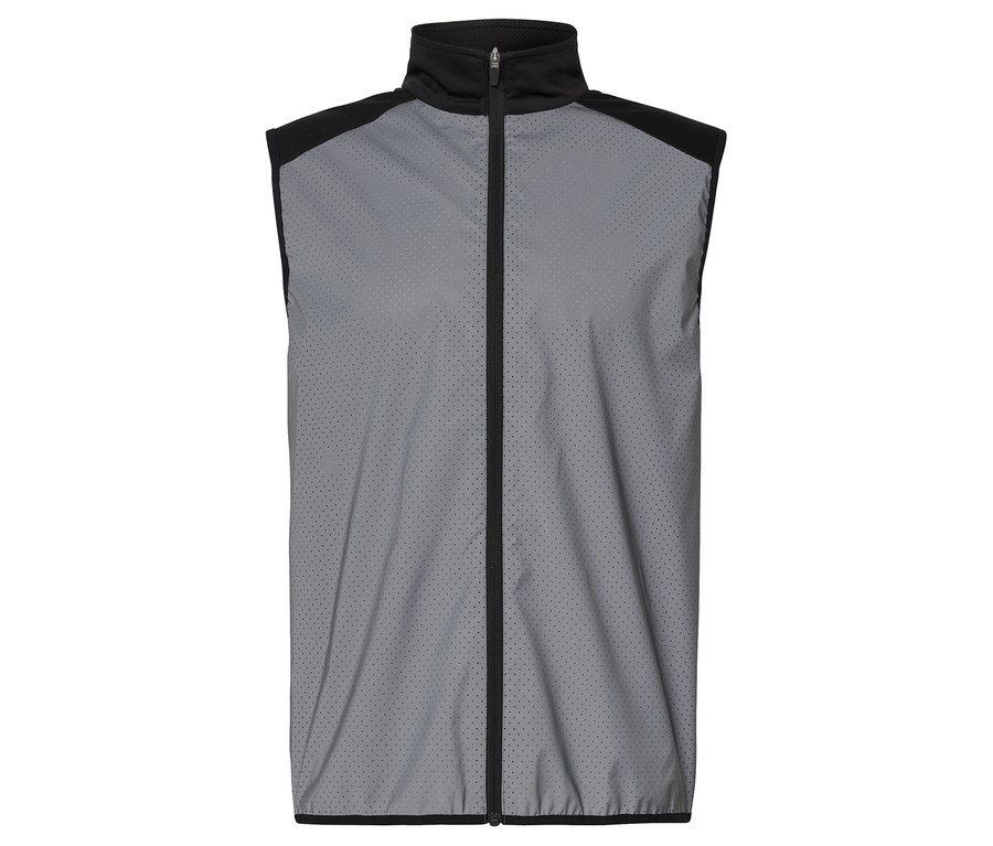 Ortasında siyah fermuarı olan gri yelek.