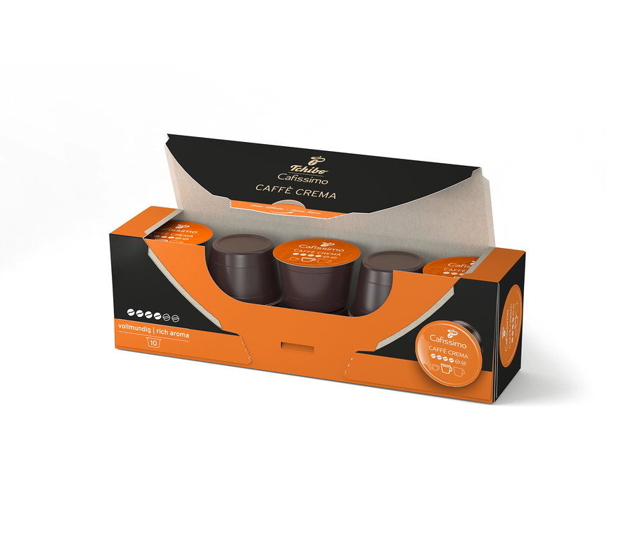 Açılmış bir paket Cafissimo Caffè Crema kahve kapsülü görülüyor.