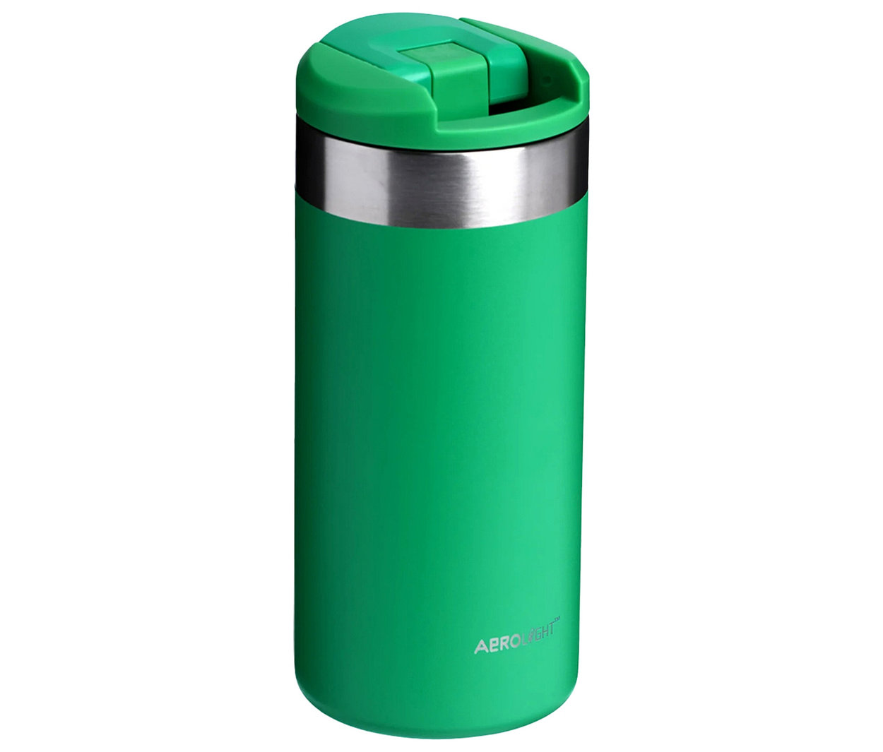 Beyaz arka planda yeşil bir termos bardak. Stanley The AeroLight Transit Termos Bardak 0.35 Lt , Meadow.