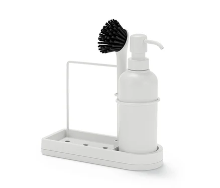 Sabunluk ve fırçalı beyaz lavabo düzenleyici.