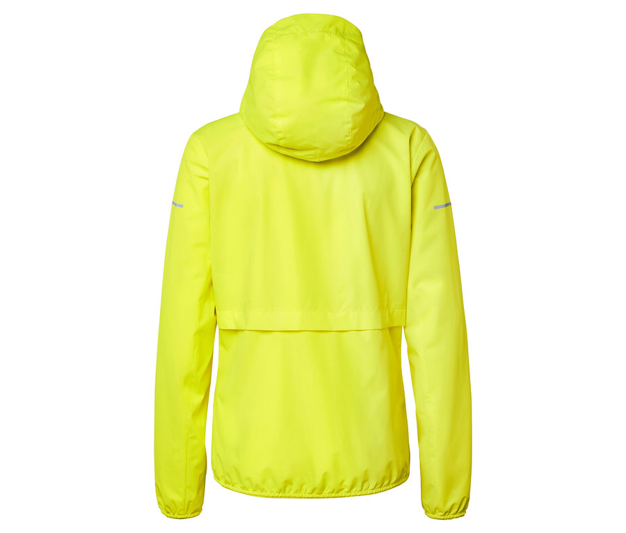 Neon sarısı kapüşonlu bir ceketin arka görünümü.