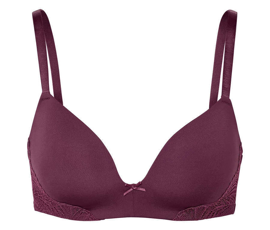 Ortasında kurdele olan dantelli mor sütyen.