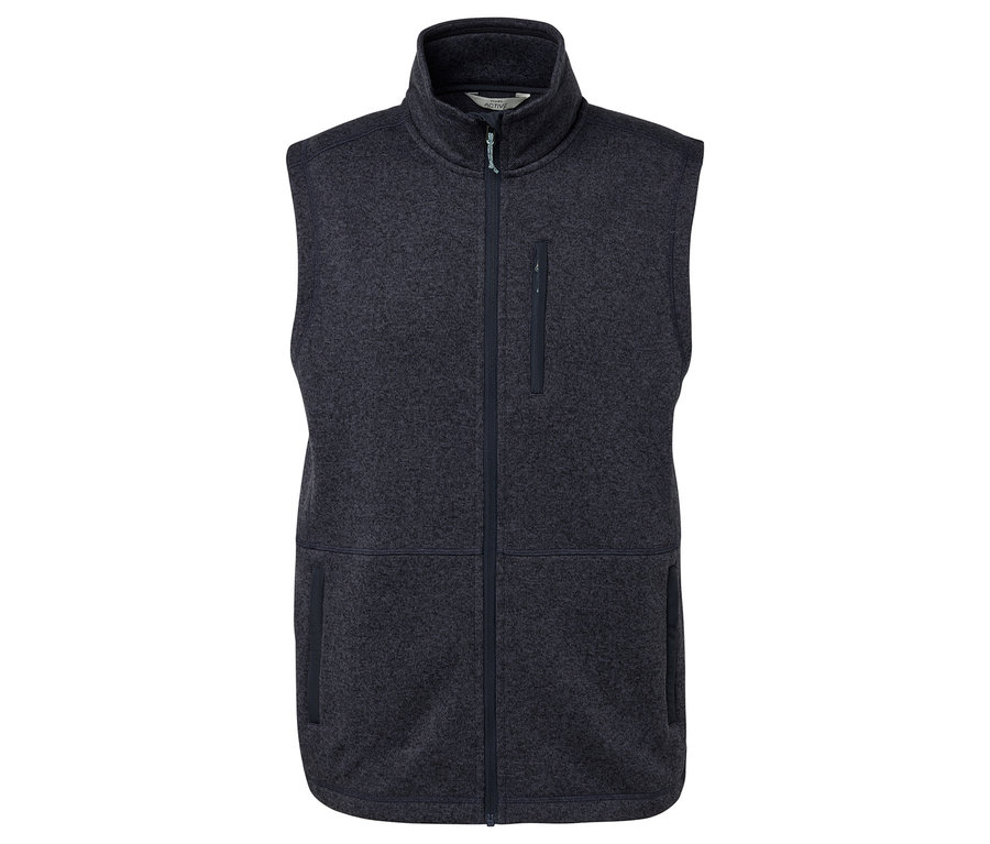 Fermuarlı ve cepli koyu gri polar yelek.