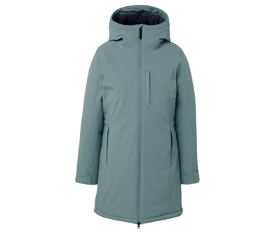 Turkuaz renkli kapüşonlu ve fermuarlı kışlık mont.