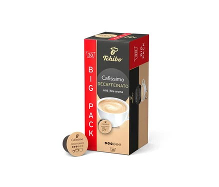 Bir paket Tchibo Caffè Crema Decaffeinato Kapsül Kahve - 30 Kapsül dik duruyor. Yanında bir kapsül var.