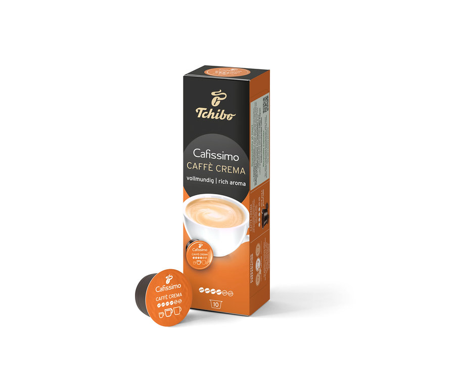 Bir paket Cafissimo Caffè Crema Rich Aroma ve bir kapsül görülüyor.