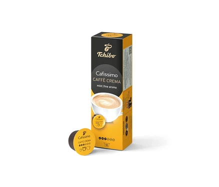 Bir Cafissimo Caffè Crema mild kutusu ve önünde bir kapsül. Pakette 10 kapsül bulunmaktadır.