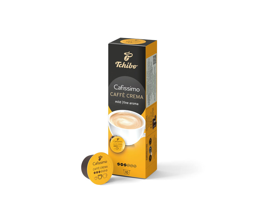 Bir Cafissimo Caffè Crema mild kutusu ve önünde bir kapsül. Pakette 10 kapsül bulunmaktadır.