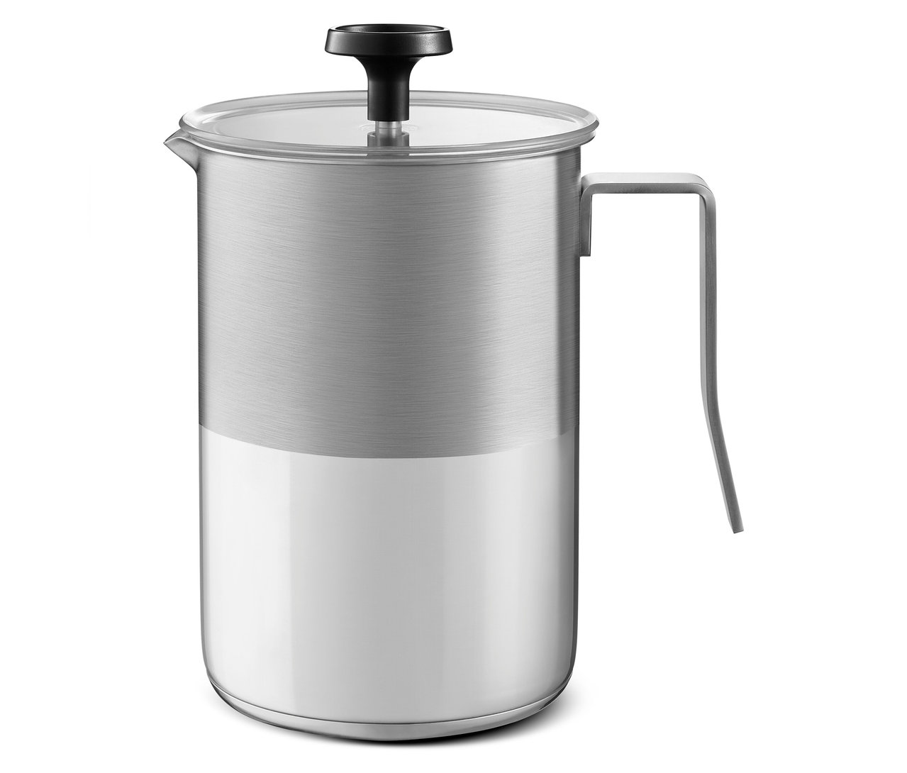 Gümüş metal dış yüzeye ve şeffaf kapağa sahip manuel süt köpürtücü.