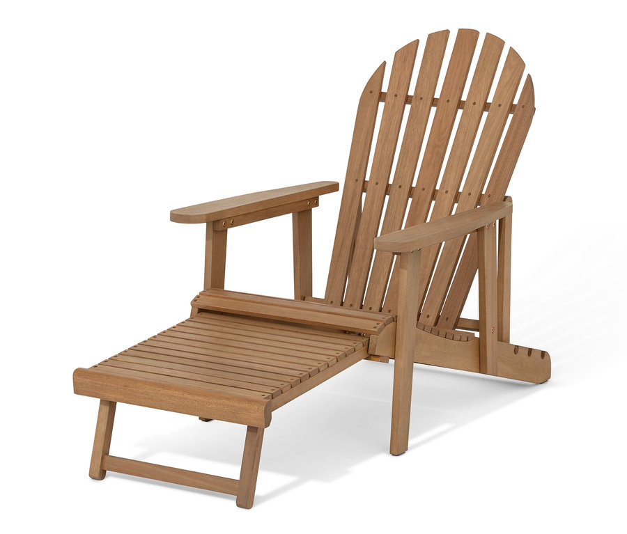 Uzatılabilir ayak destekli tekli kahverengi Adirondack rahat şezlong.