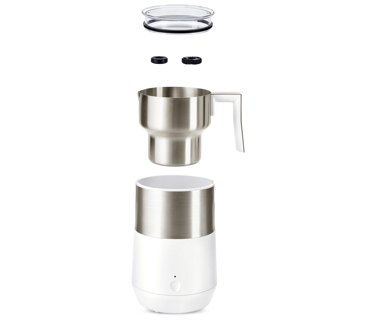 Krem rengi ve beyaz renklerde ayrıştırılmış bir indüksiyonlu süt köpürtücü.