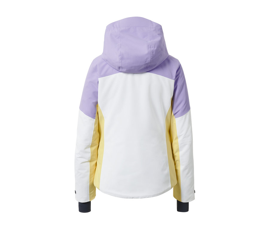 Mor, beyaz ve sarı kayak montunun arka görünümü.