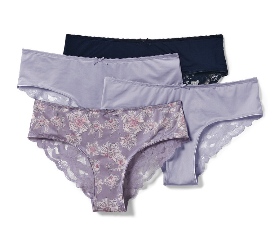 Dantelli, farklı renklerde (mavi ve mor) dört adet Brazilian külot.