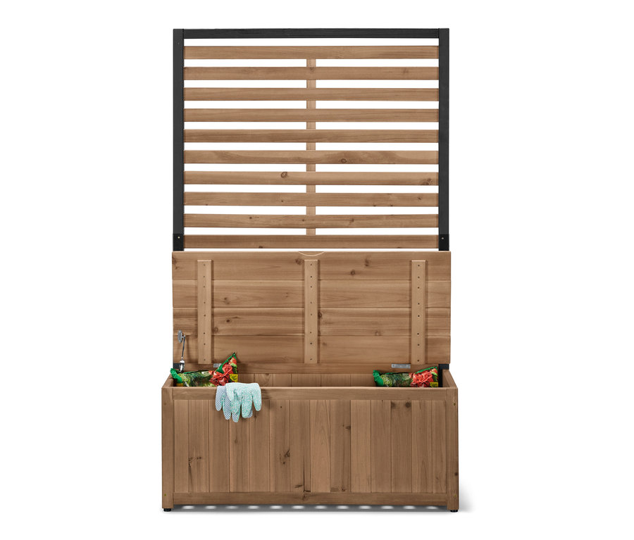 Açık Sandıklı Banklı Paravan Modülü »Elin« içinde saklanan bahçe toprağı ve eldivenler.