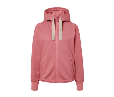 Gül kurusu renginde, kapüşonlu, fermuarlı ve bağcıklı sweatshirt ceket.