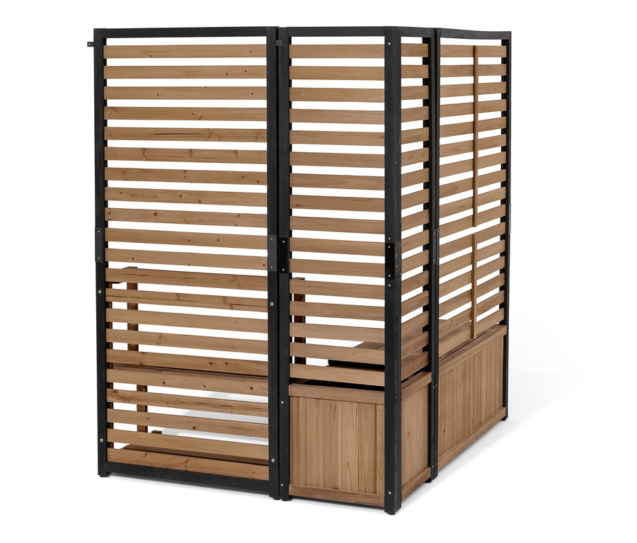 Yatay lamelli ve siyah çerçeveli iki adet »Elin« raflı paravan modülü.