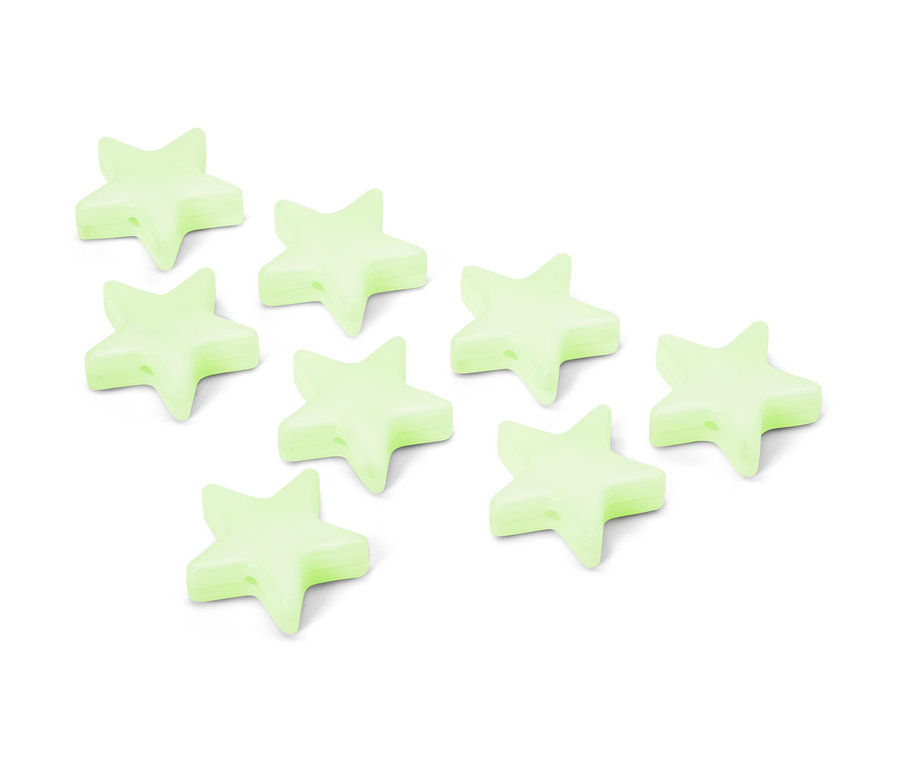 Beyaz bir arka plan üzerinde sekiz adet yıldız şeklinde gece parlayan işaret klipsi.