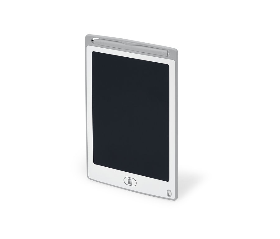 Gri çerçeveli ve kalemli bir LCD yazı tableti.