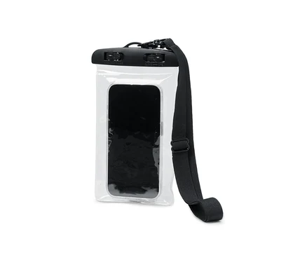 İçinde siyah telefon ve siyah askısı olan su geçirmez akıllı telefon kılıfı.