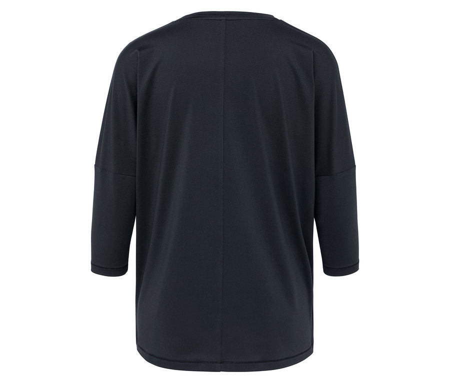 Lacivert, üç çeyrek kollu bir tişörtün arka detay görünümü.