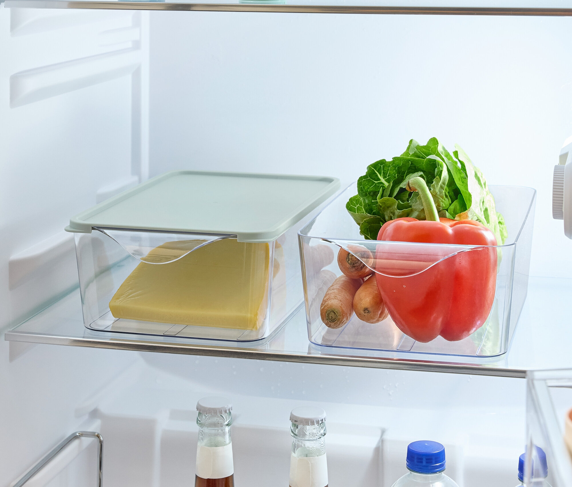 Buzdolabında raflarda yiyecekler var: yuvarlak kaplarda elma ve limon, kapaklı plastik kapta peynir, plastik kapta sebzeler (marul, biber, havuç) ve bir tutucuda içecek şişeleri.