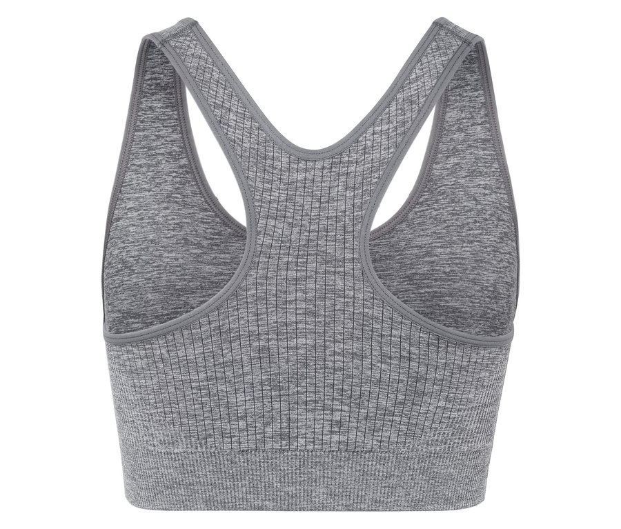 Gri, atletik sırtlı sporcu sütyeni.