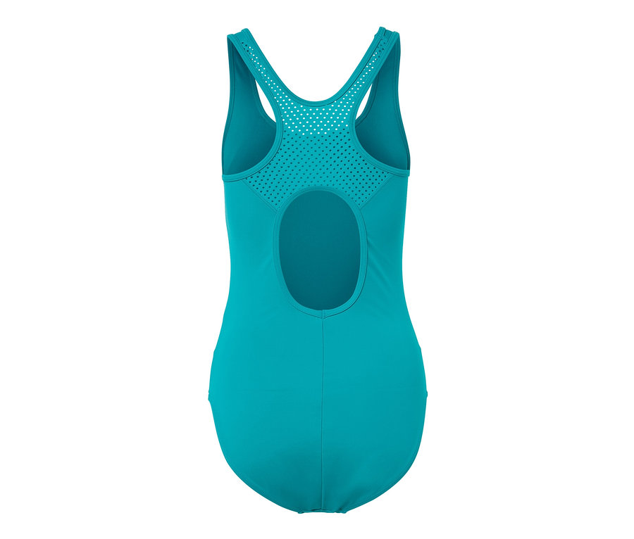 Turkuaz renkli, sırtı açık ve file detaylı spor mayo.
