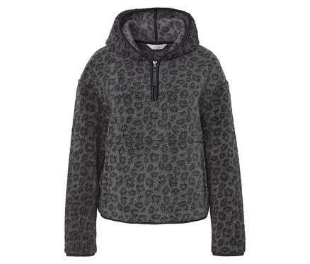 Gri, tüylü, hayvan desenli, yarım fermuarlı kapüşonlu sweatshirt.