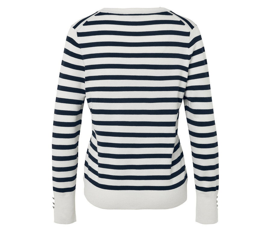 Lacivert ve beyaz çizgili, uzun kollu bir kazağın arka görünümü.