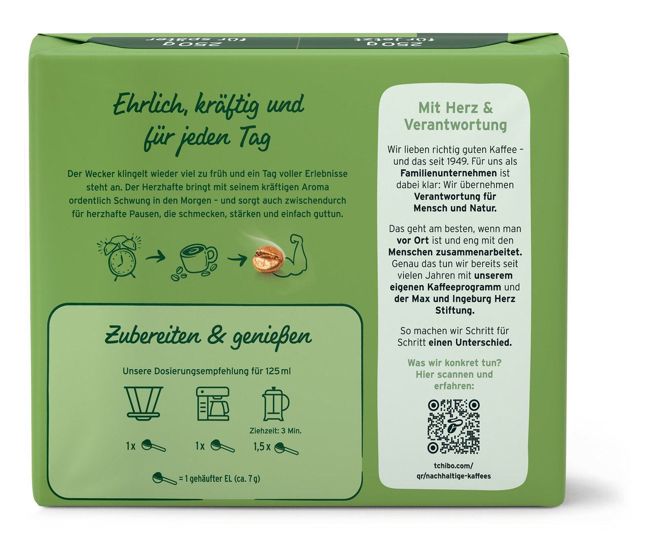 Yeşil Der Herzhafte - 500 g öğütülmüş ve Der Herzhafte - 9 x 500 g öğütülmüş paketinin üzerinde hazırlama talimatları var.