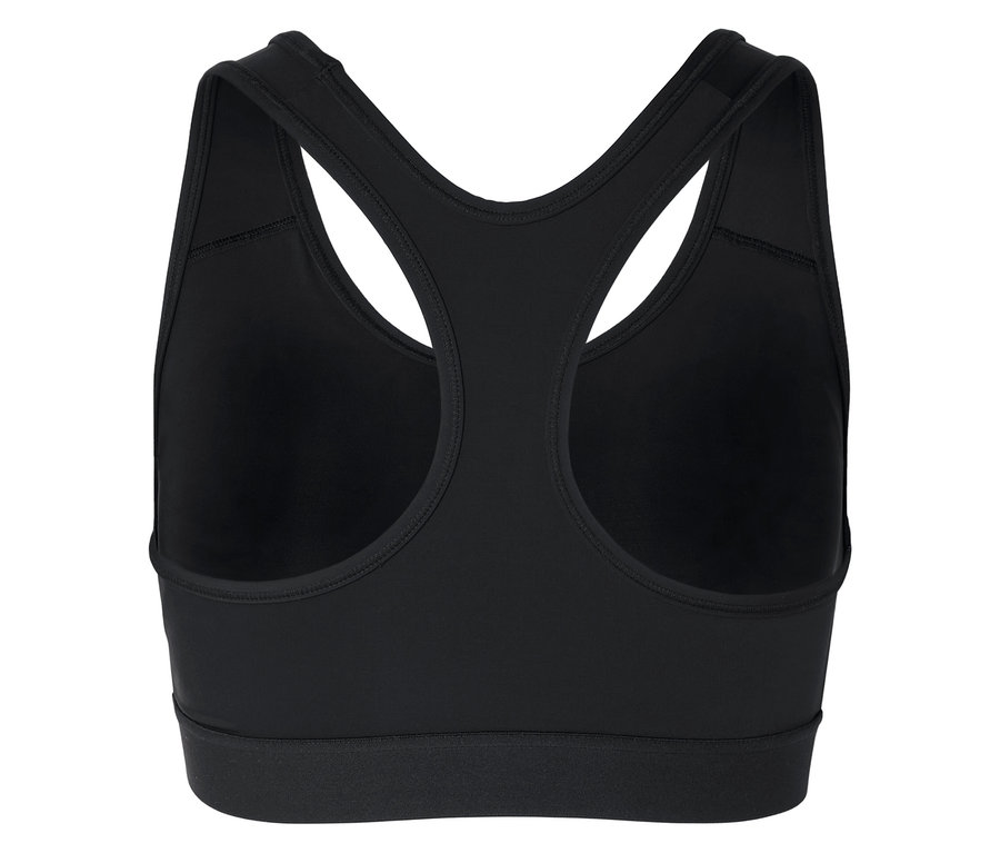 Siyah, racerback spor sütyenin arka görünümü.
