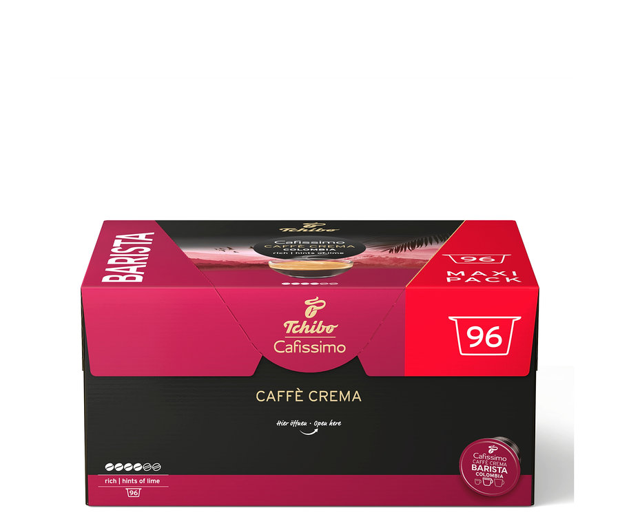 96 kapsüllük, siyah ve macenta renkli büyük bir Tchibo Cafissimo Caffè Crema Colombia paketi.