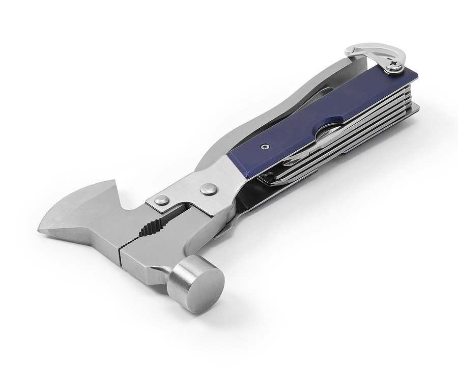 Beyaz arka planda çekiç, pense ve mavi saplı kombinasyon aleti.