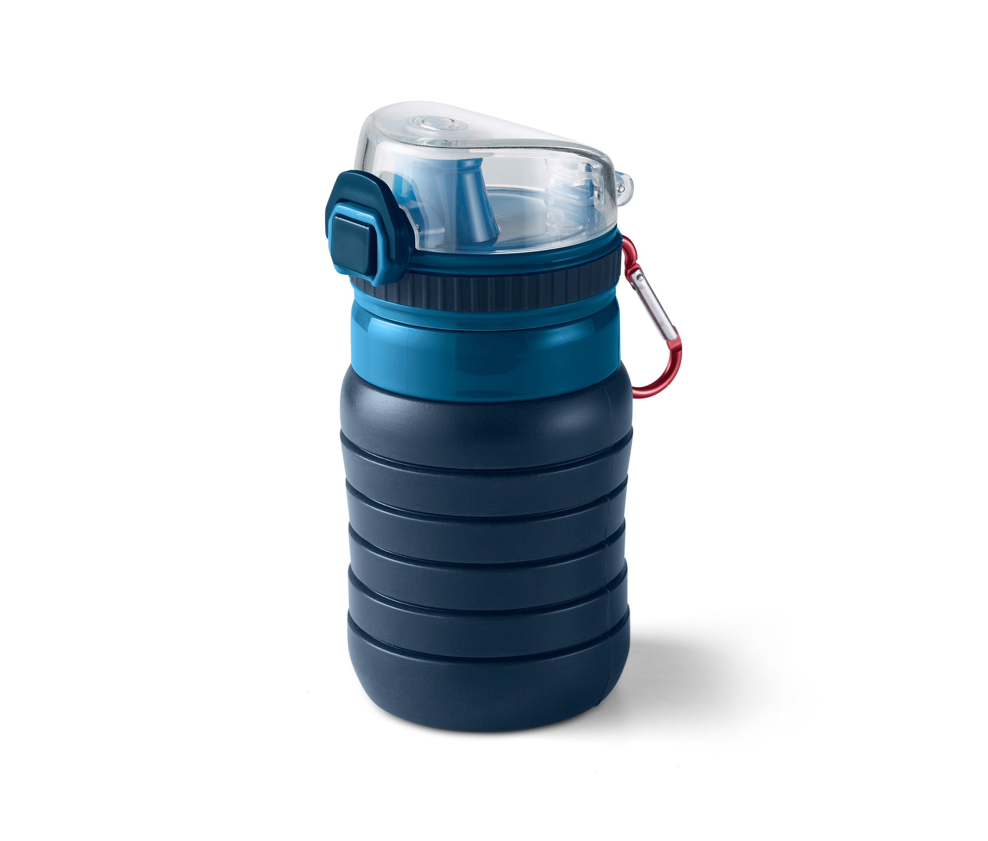 Kırmızı karabina ile mavi katlanabilir su şişesi.