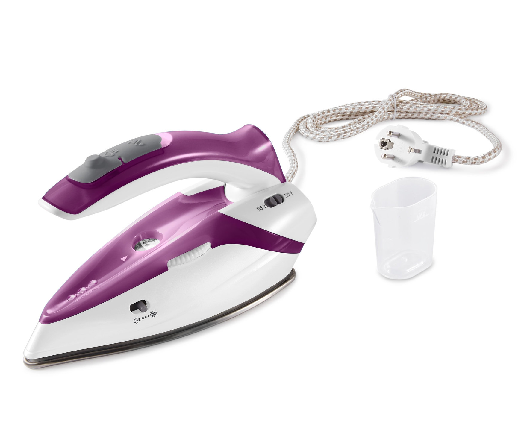 Mor ve beyaz seyahat ütüsü, kablosu ve plastik bardak.