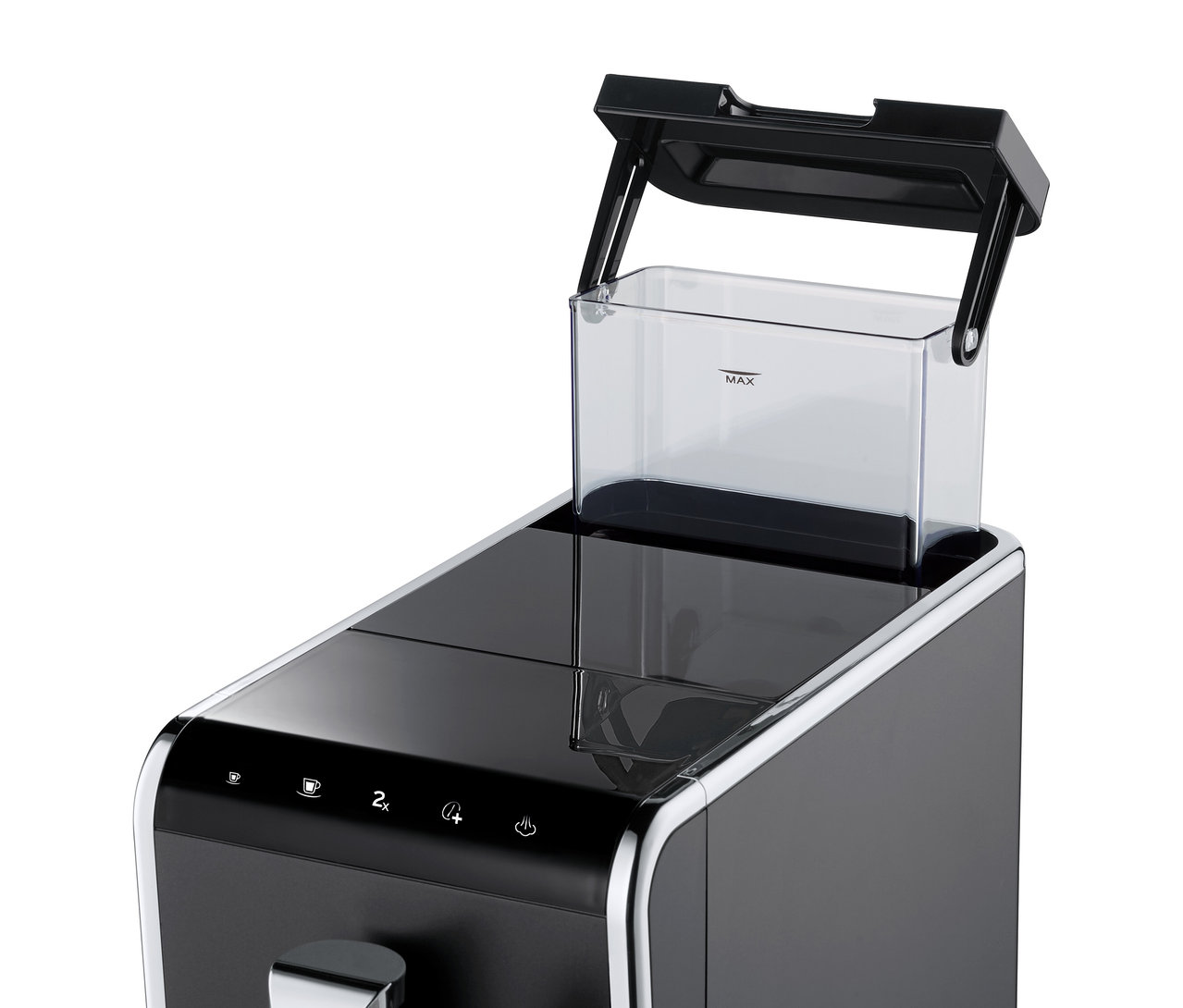 »Esperto Latte« Tchibo Tam Otomatik Kahve Makinesi Antrasit, su haznesi açıkken yakın çekim.