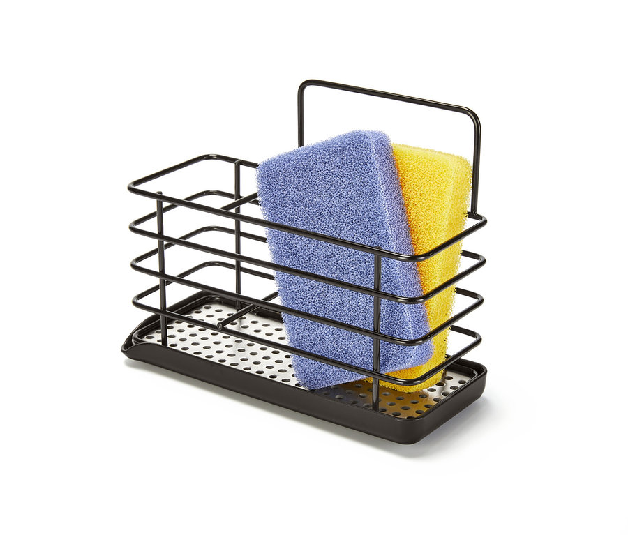 Mavi ve sarı süngerli siyah metal bulaşık malzemesi standı.