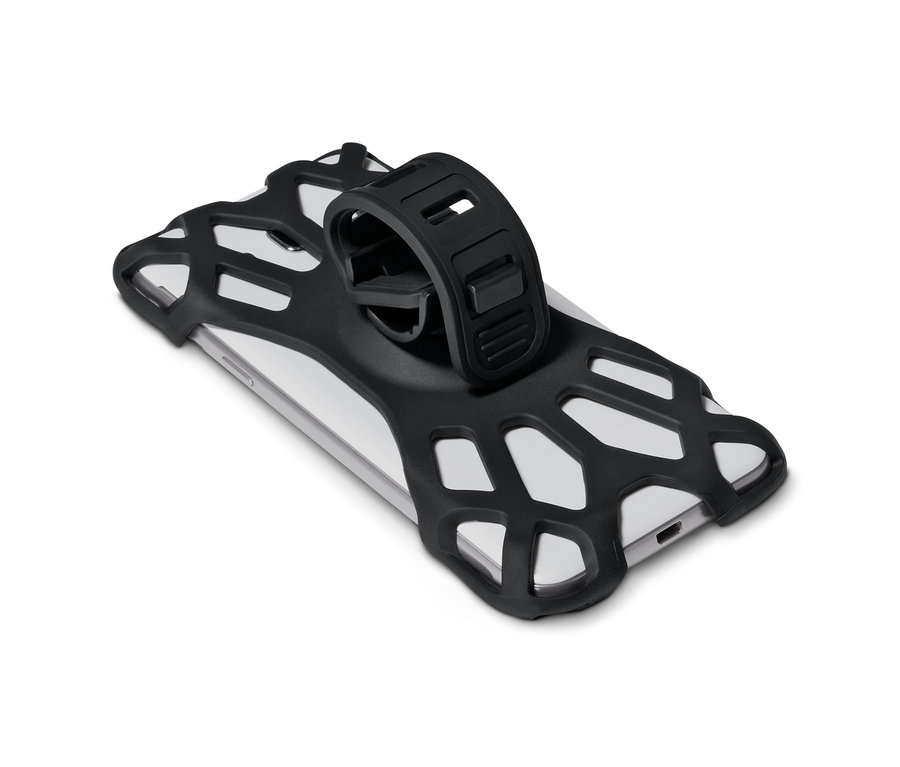 Siyah bisiklet akıllı telefon tutucu, beyaz bir akıllı telefonu tutuyor.