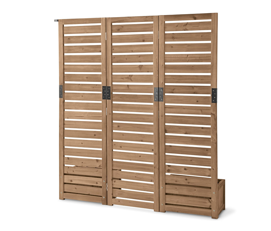 Yatay lamelli ve koyu renk bağlantı parçalarıyla üç bölümlü ahşap saksılı paravan »Tinus«.