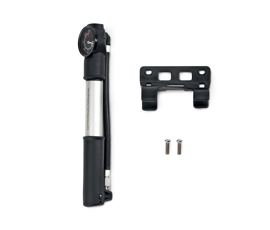 Siyah ve gümüş renkli, tutucu ve vidaları olan çift taraflı mini pompa.