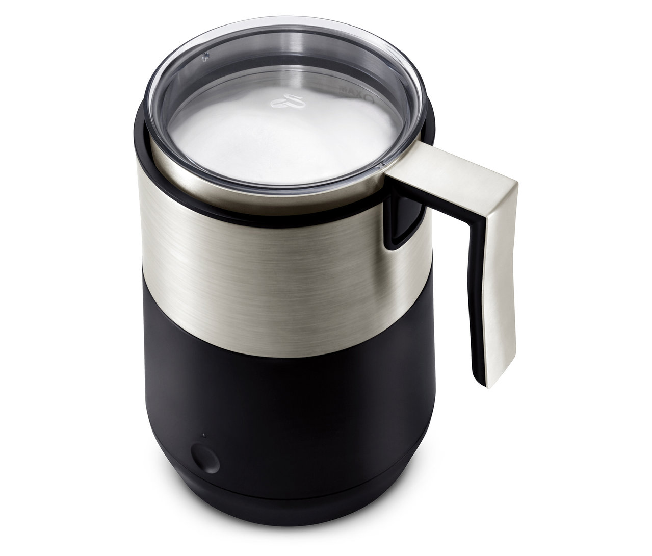 Şeffaf kapaklı siyah indüksiyonlu süt köpürtücü.