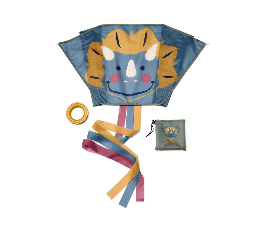 Dinozor yüzlü, sarı halkalı ve kılıflı mavi cep uçurtması.