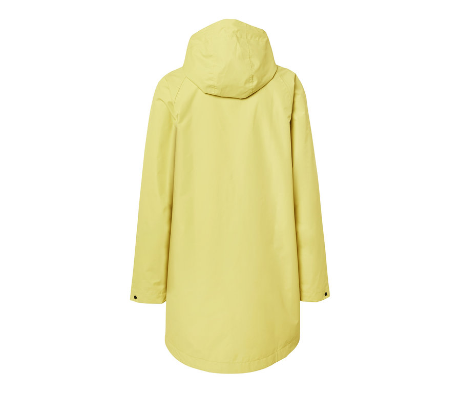Kapüşonlu sarı bir yağmurluğun arka görünümü.